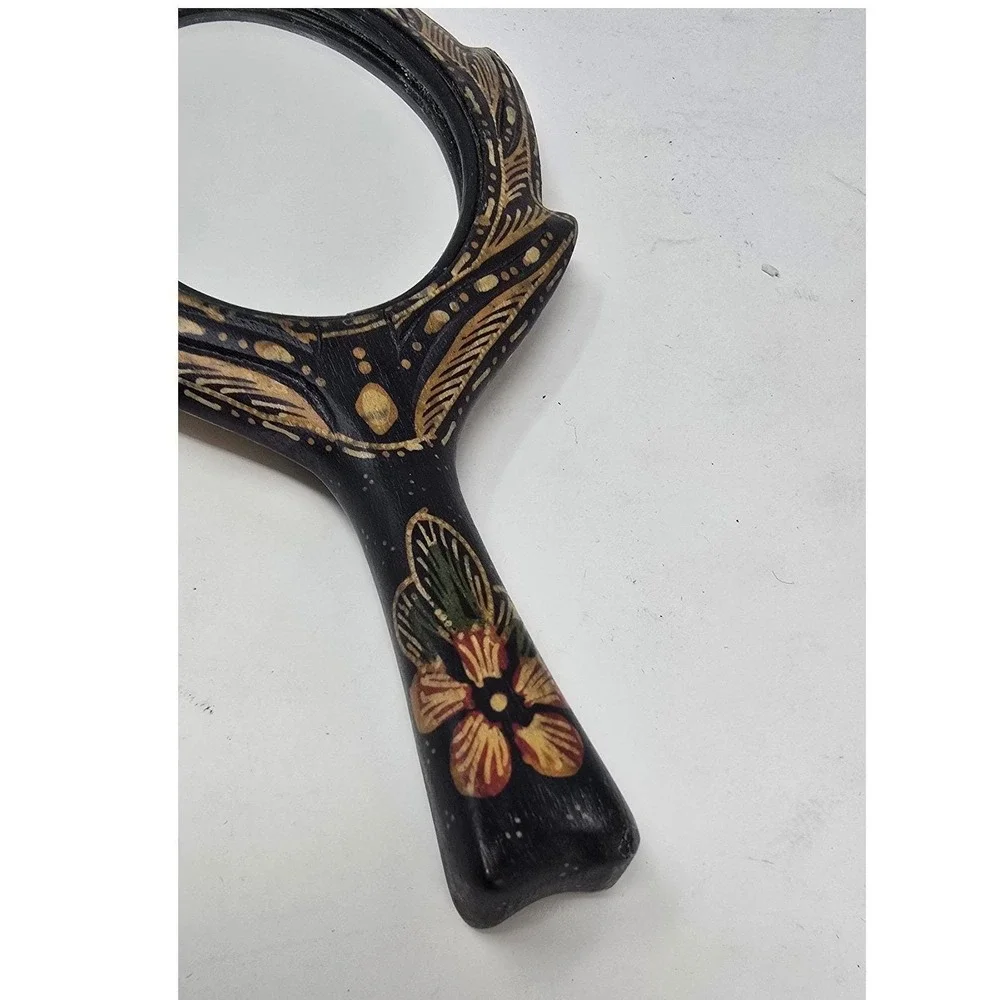 Vtg handheld mirror carved wood Asia Africa tribal earthy boho‎ hippie folk art